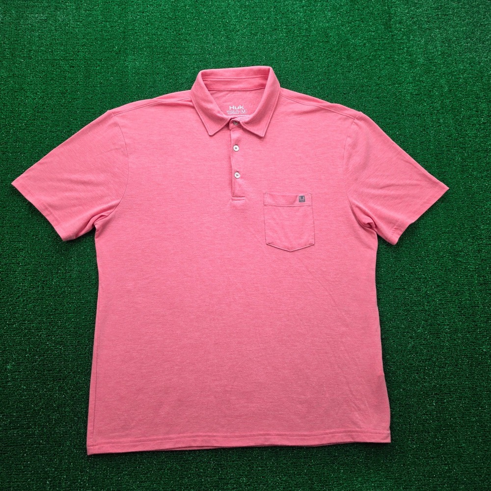 Huk Performance Fishing Polo Shirt Mens Medium Pink Front Pocket Short Sleeve